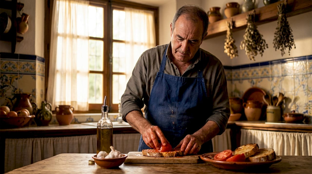Preparing tomato bread in Spanish kitchen
