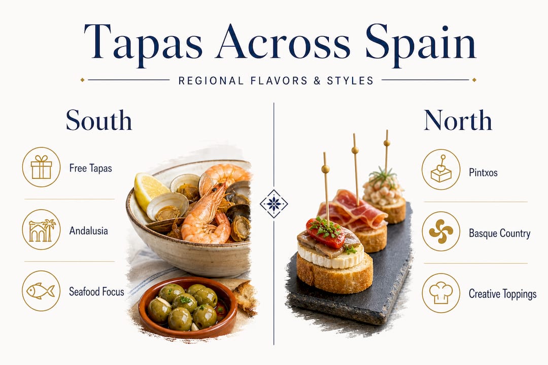 Infographic comparing northern and southern Spanish tapas