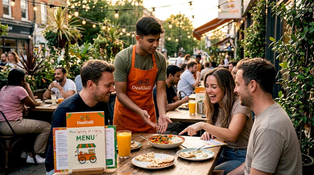 Server explaining spice levels to diners