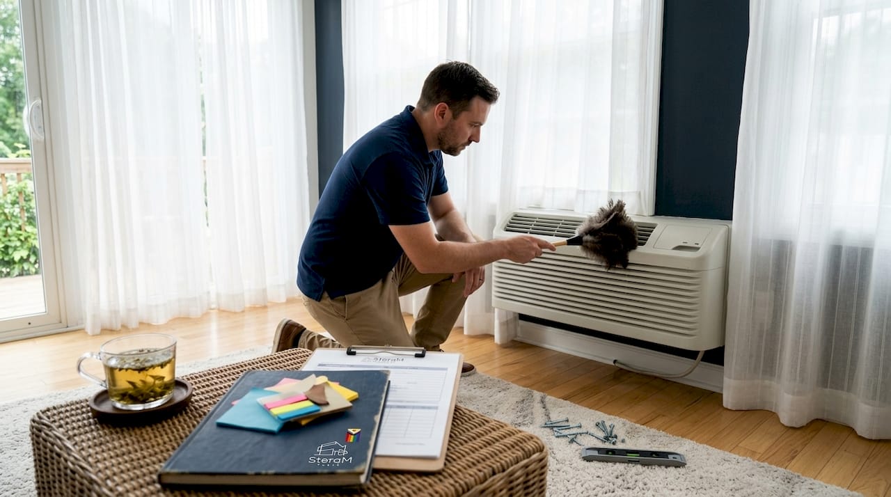Property manager performing maintenance on AC unit