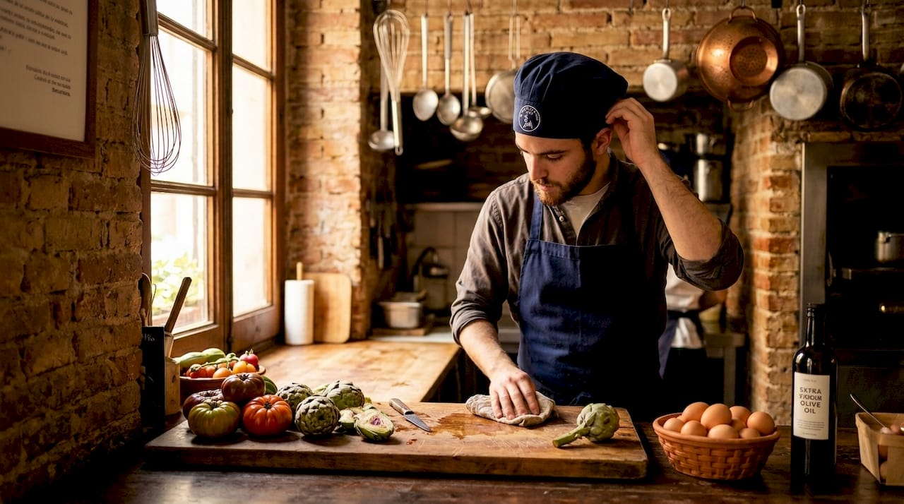 Un chef inspecciona cuidadosamente los ingredientes frescos en la cocina de un restaurante local.