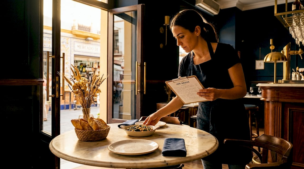 Una camarera atiende las mesas sirviendo platos elaborados con productos frescos de temporada en un restaurante típico de mercado en Sevilla.