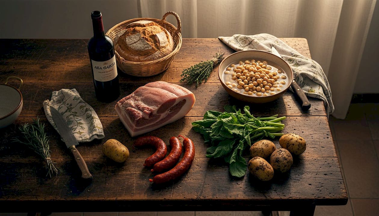 Todos los ingredientes del cocido gallego dispuestos sobre una mesa de campo