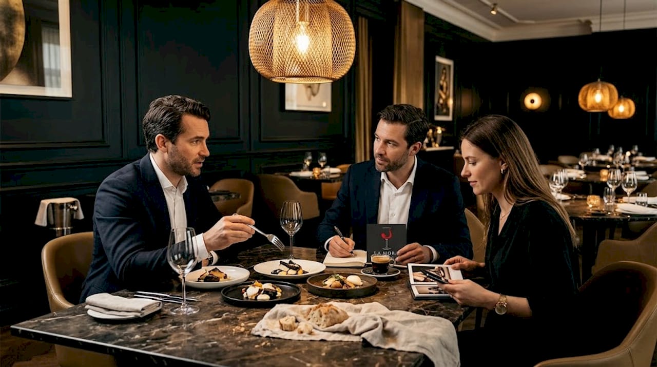 Propietarios de restaurantes debatiendo sobre nuevas propuestas para el menú.