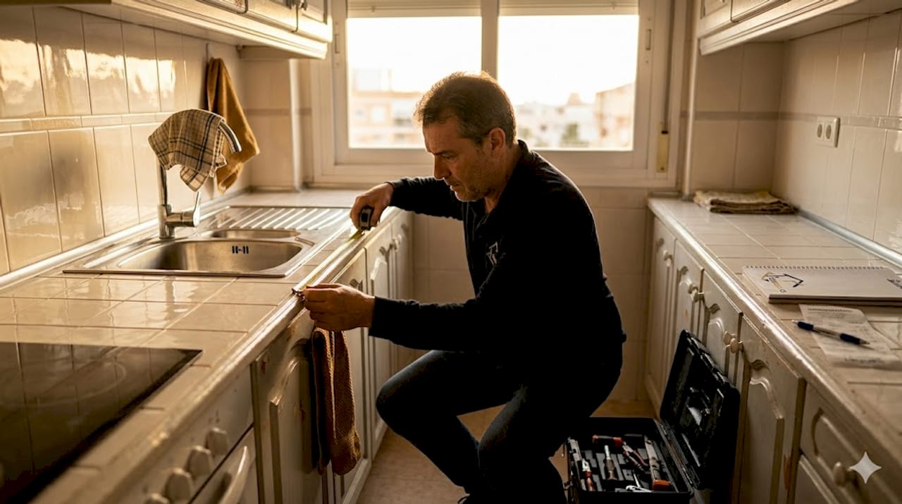 Un profesional está tomando medidas en la encimera de una cocina recién renovada.