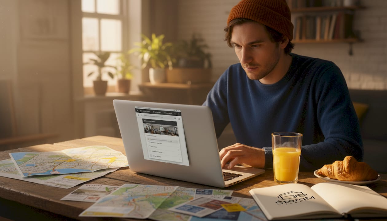 Man filters Spanish apartment rentals on laptop