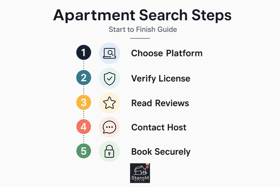 Infographic showing five steps to find apartments
