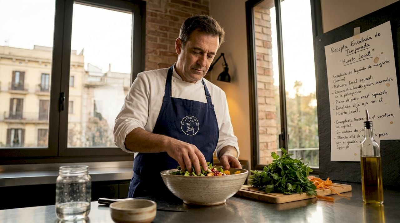 Un chef elabora una ensalada saludable con ingredientes frescos de temporada en la cocina.