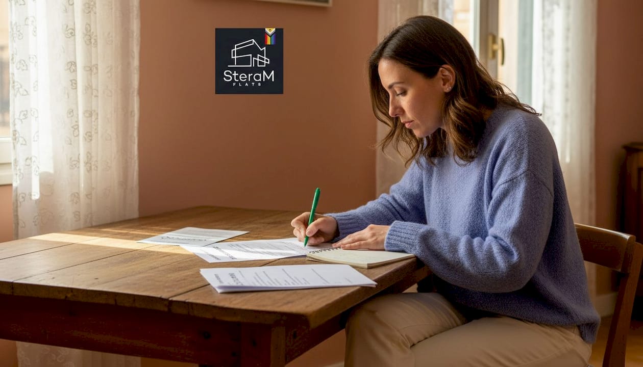 Tenant completes apartment rental agreement in living room