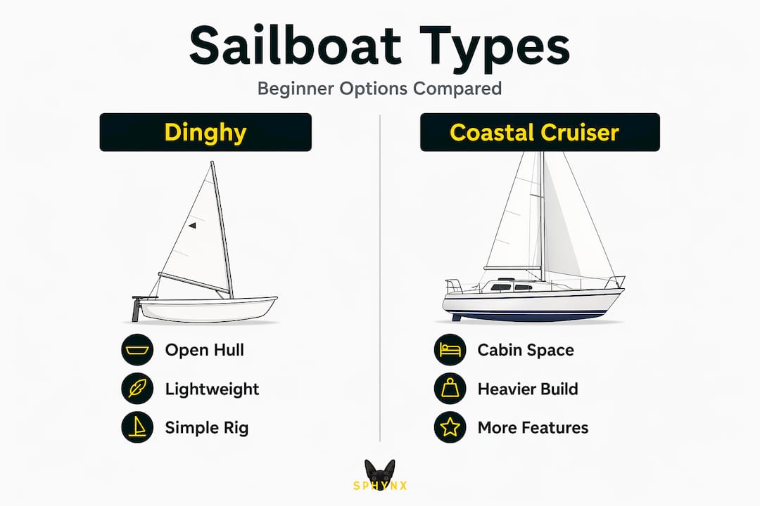 Infographic comparing dinghy and coastal cruiser sailboats
