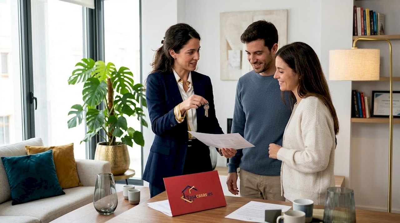 Asesora inmobiliaria enseñando un piso a una pareja interesada