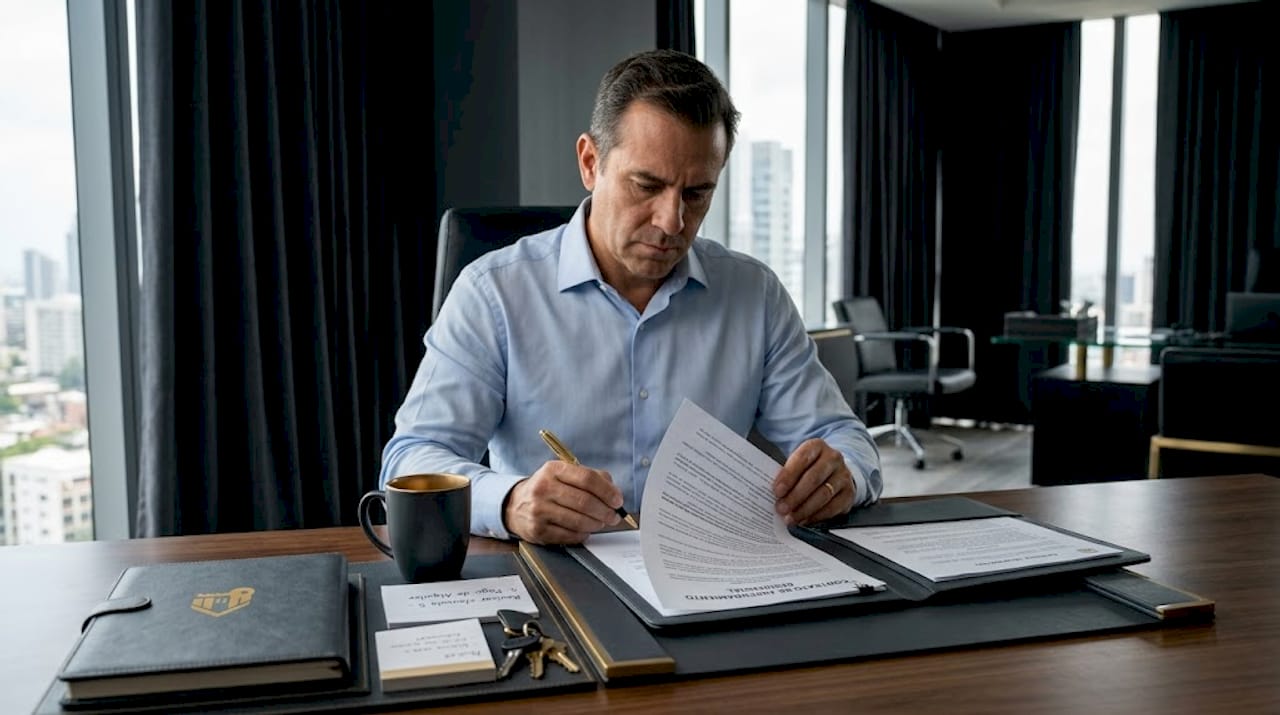 El propietario revisa los contratos de alquiler en su despacho.