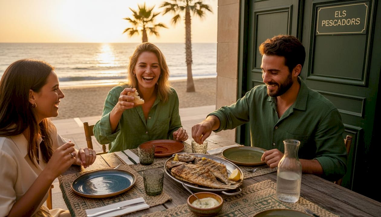 Diners sharing sustainable seafood in Barcelona