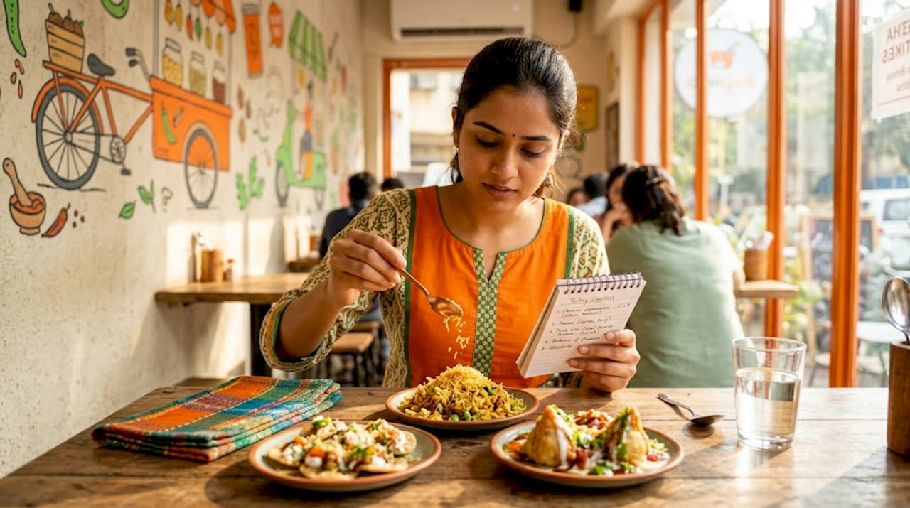 Solo diner customizing chaat tasting dishes