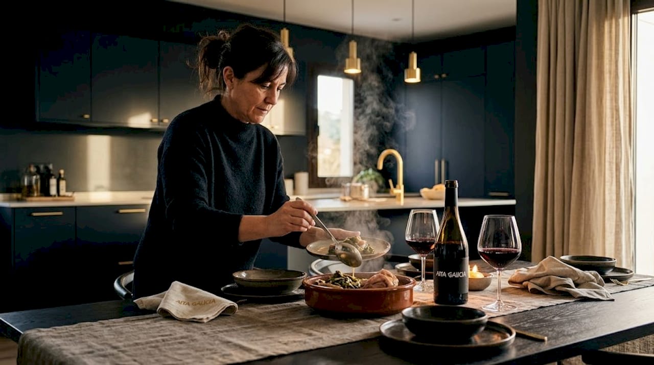 Un buen plato de lacón con grelos acompañado de una copa de vino en la mesa