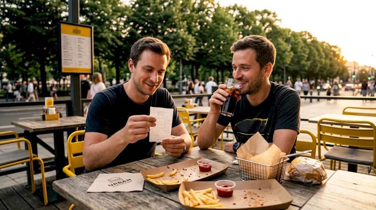 Clientes comprobando cada uno su cuenta en una hamburguesería