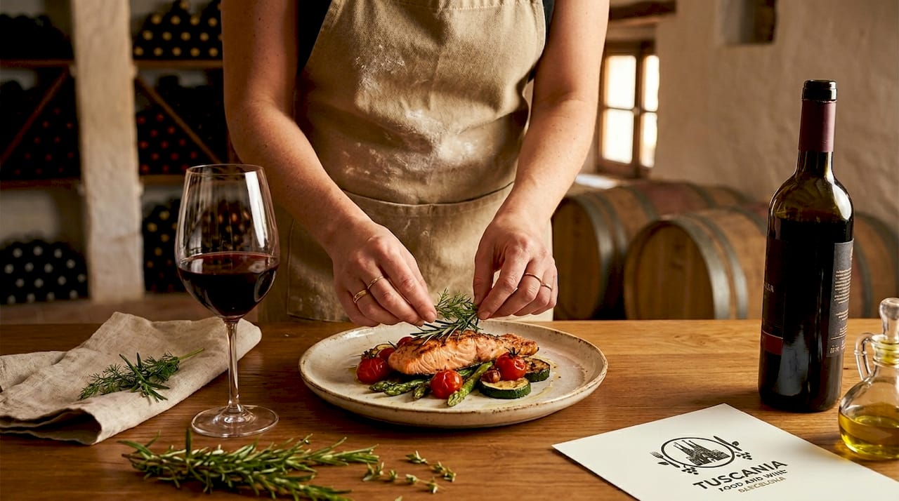 Un chef emplatando una receta mediterránea, acompañado de una copa de vino.
