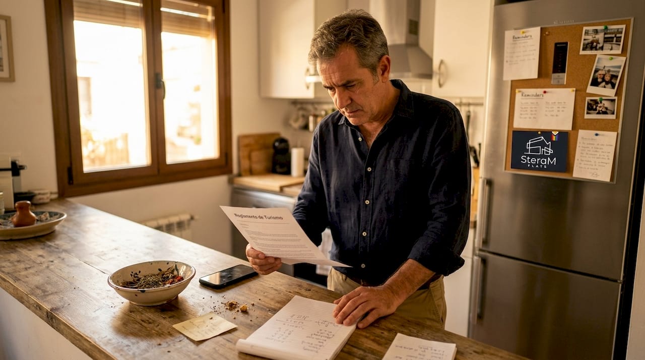 Owner reading compliance warning in kitchen