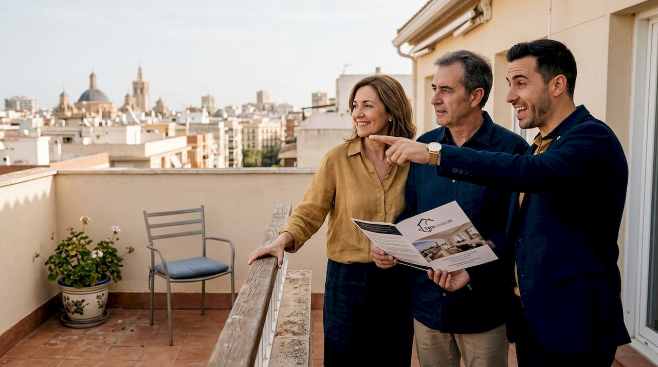 Una pareja visita un piso en Valencia junto al agente inmobiliario y sale al balcón para ver las vistas.