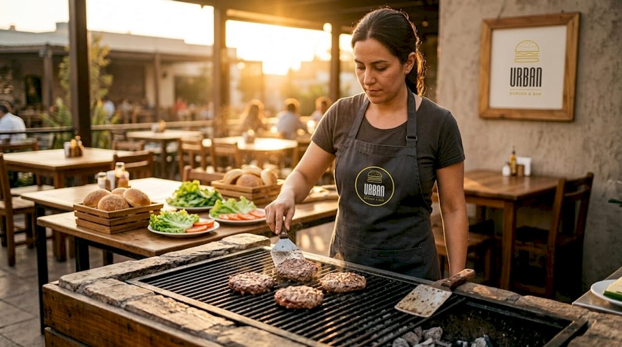 Un chef prepara hamburguesas a la parrilla en la cocina del restaurante.