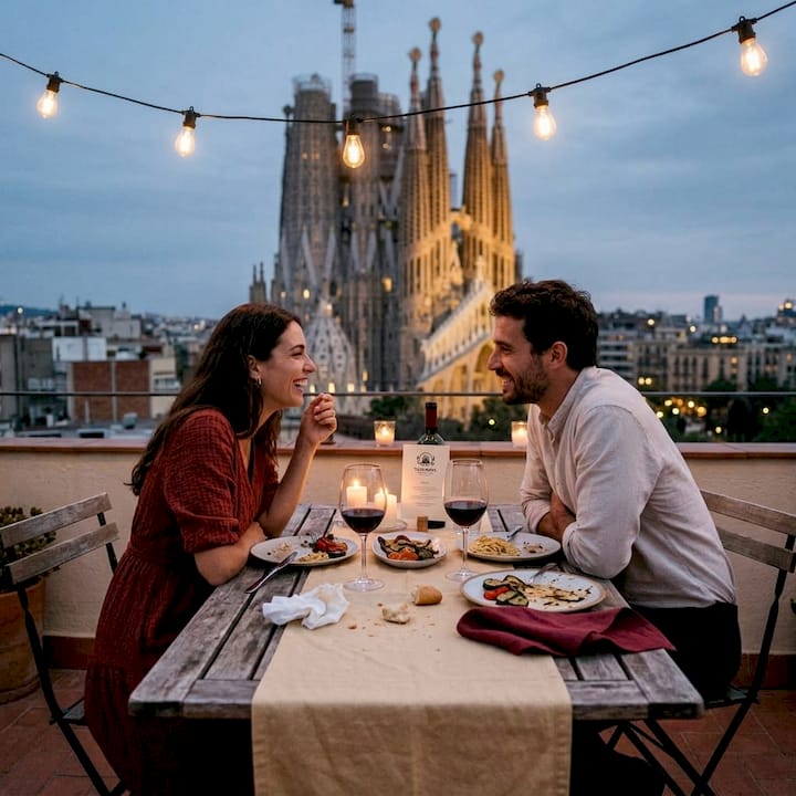 Cena en pareja en una terraza con vistas a la Sagrada Familia