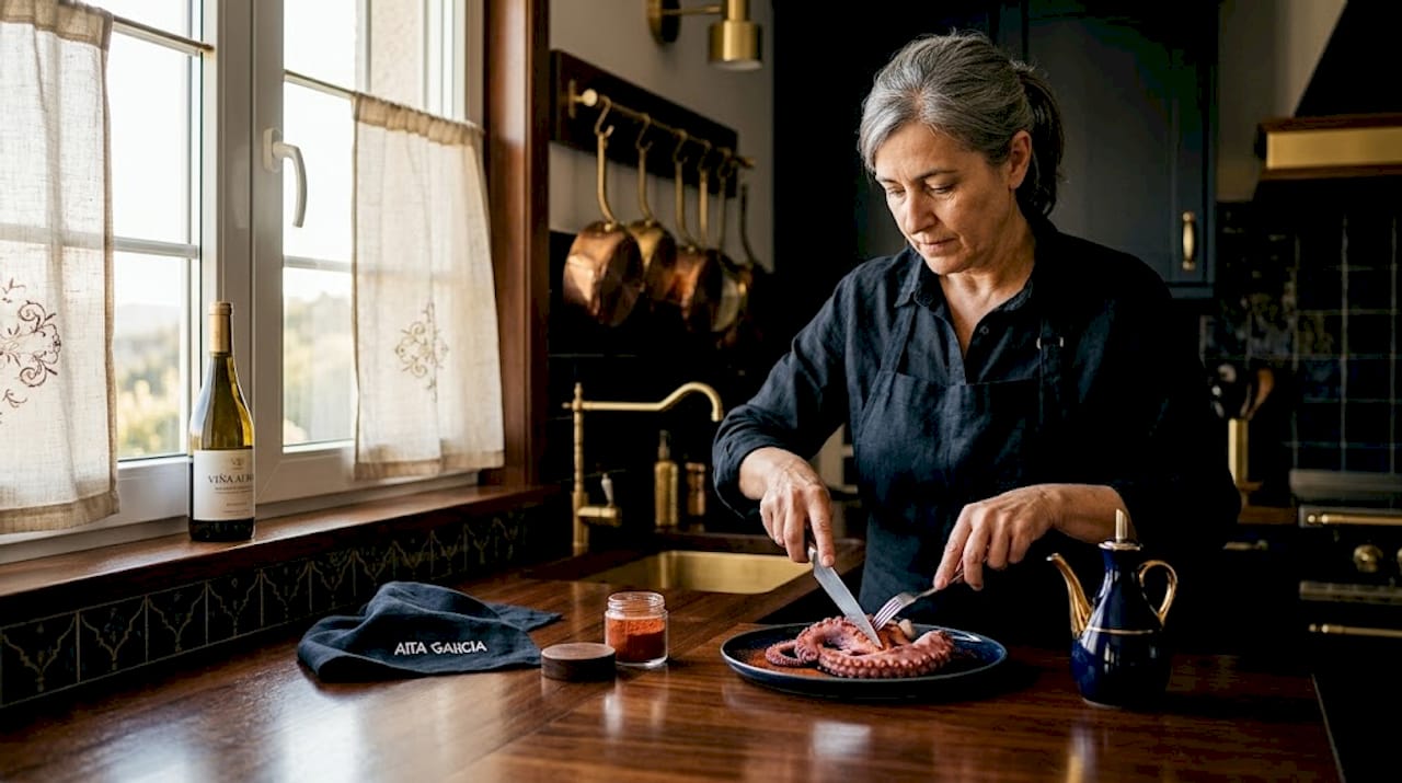 El chef prepara un pulpo a la gallega sobre la mesa de la cocina.