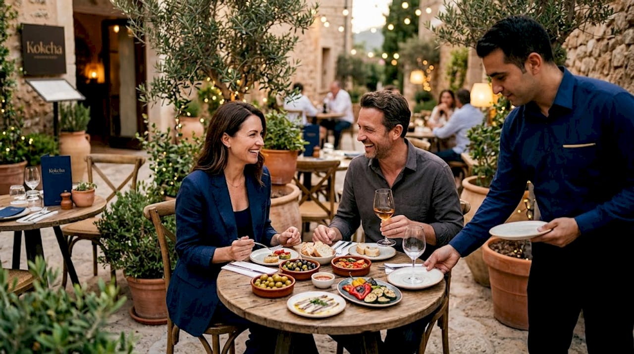 Tourists enjoying tapas on Barcelona terrace