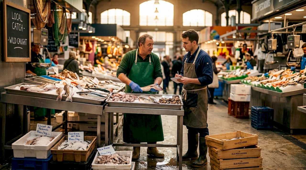 Fishmonger and chef at Barcelona fish market