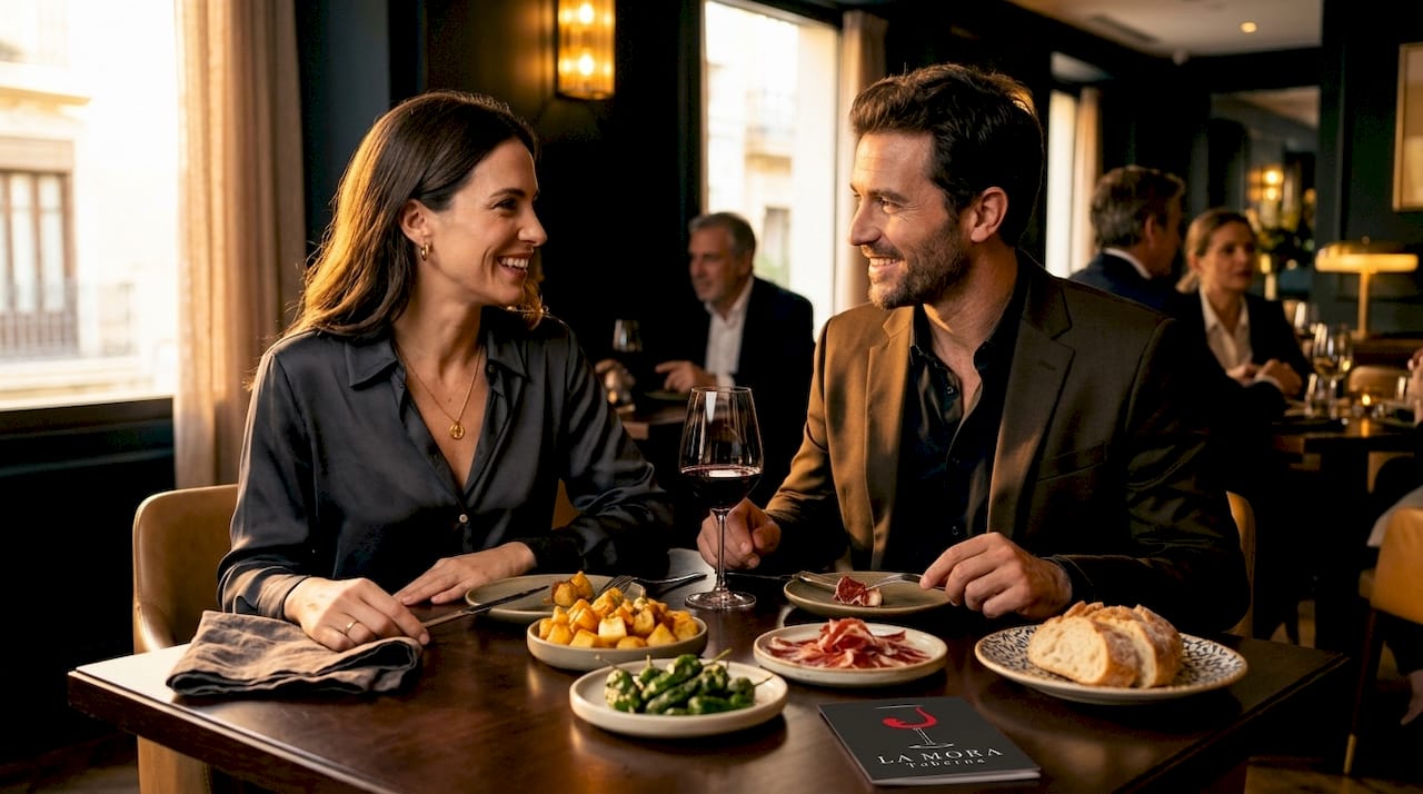 Una pareja disfruta de exquisitas tapas en un ambiente sofisticado.