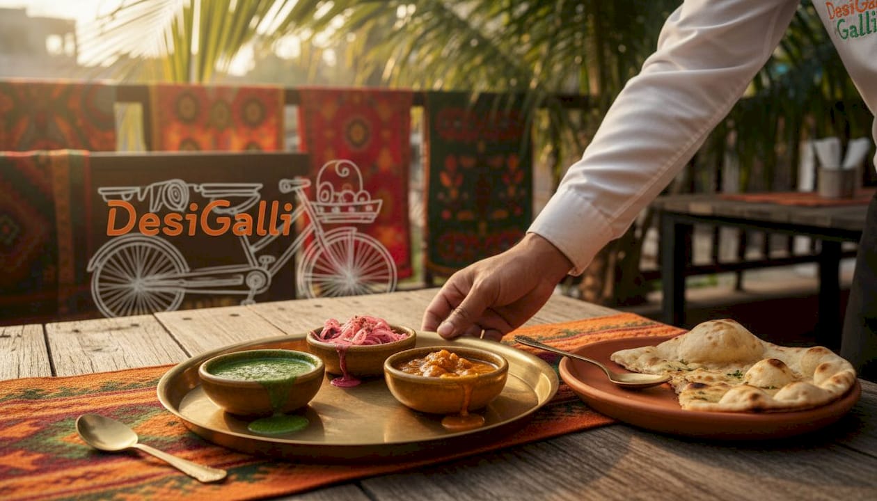 Indian condiments tray with chutneys and naan
