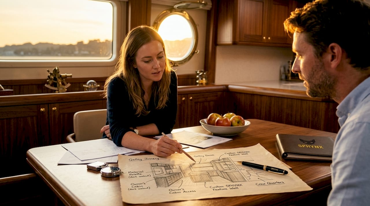 Guests discuss yacht layout in salon