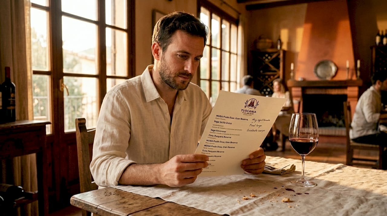 Un comensal revisa la carta de vinos sentado a la mesa del restaurante, buscando la mejor opción para acompañar su comida.
