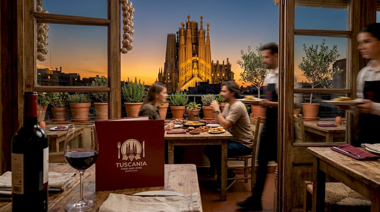 Restaurante mediterráneo junto a la Sagrada Família donde los comensales disfrutan de una comida compartida