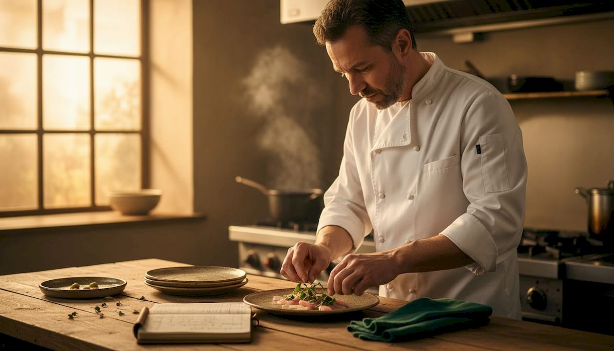 Chef assembling seafood tasting course Barcelona