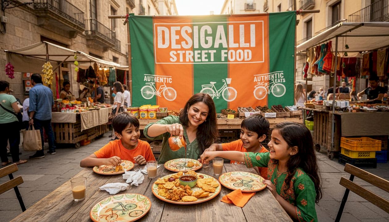 Family enjoying Indian street snacks outdoors