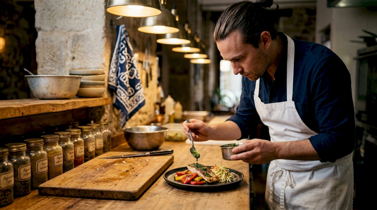 Chef plating creative fusion dish in kitchen