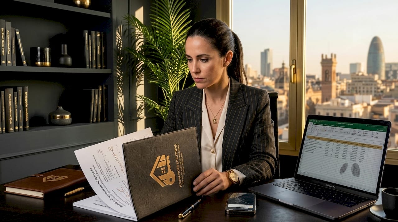 Agente inmobiliaria analiza detenidamente un informe sobre la mesa