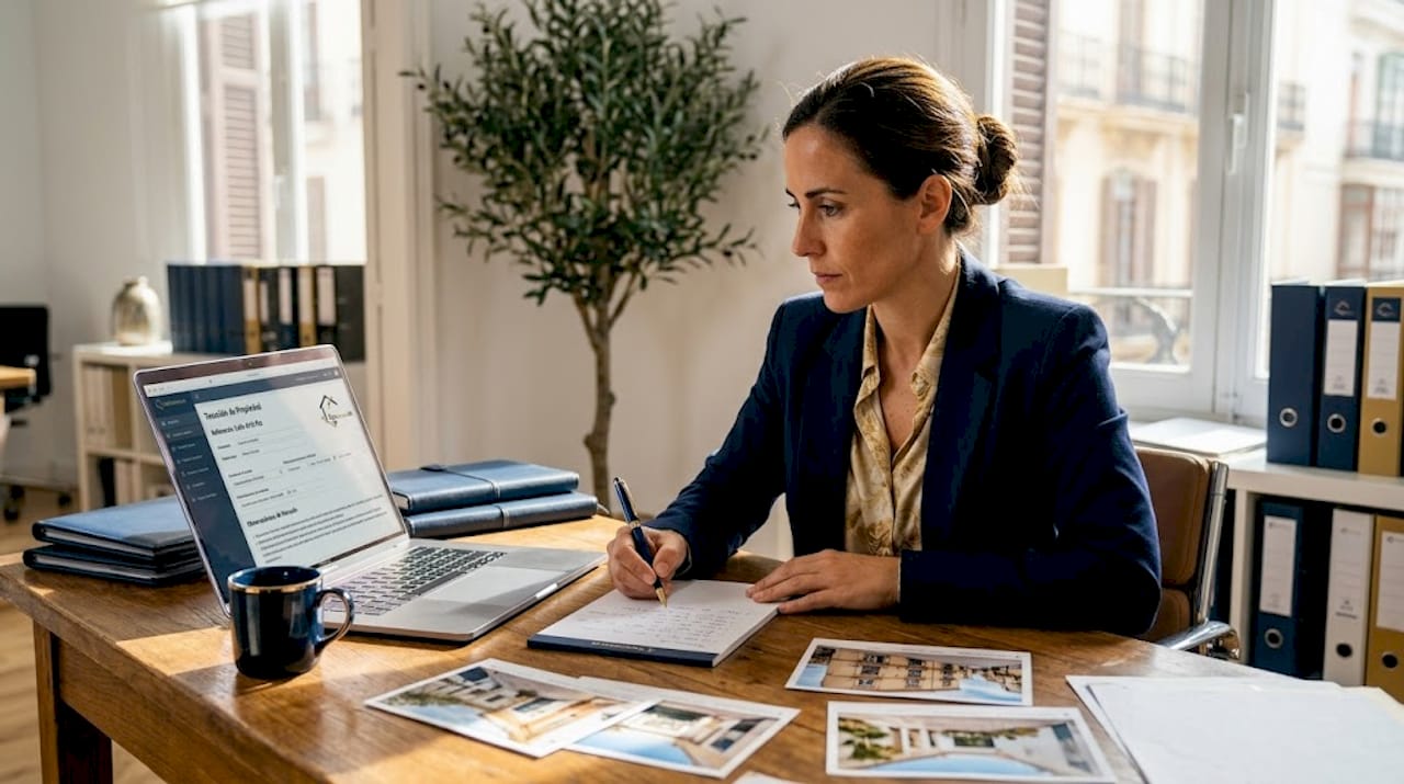 Agente revisando la documentación de tasación de una vivienda