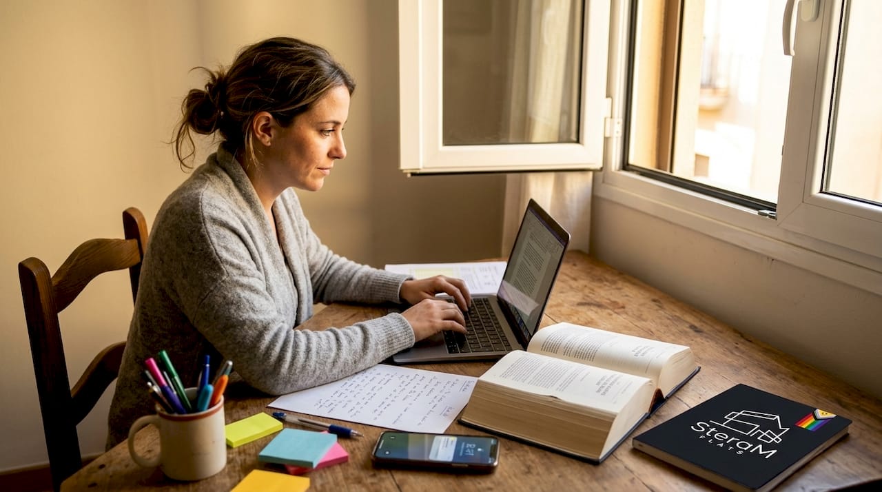 Property manager drafts rental contract in home office