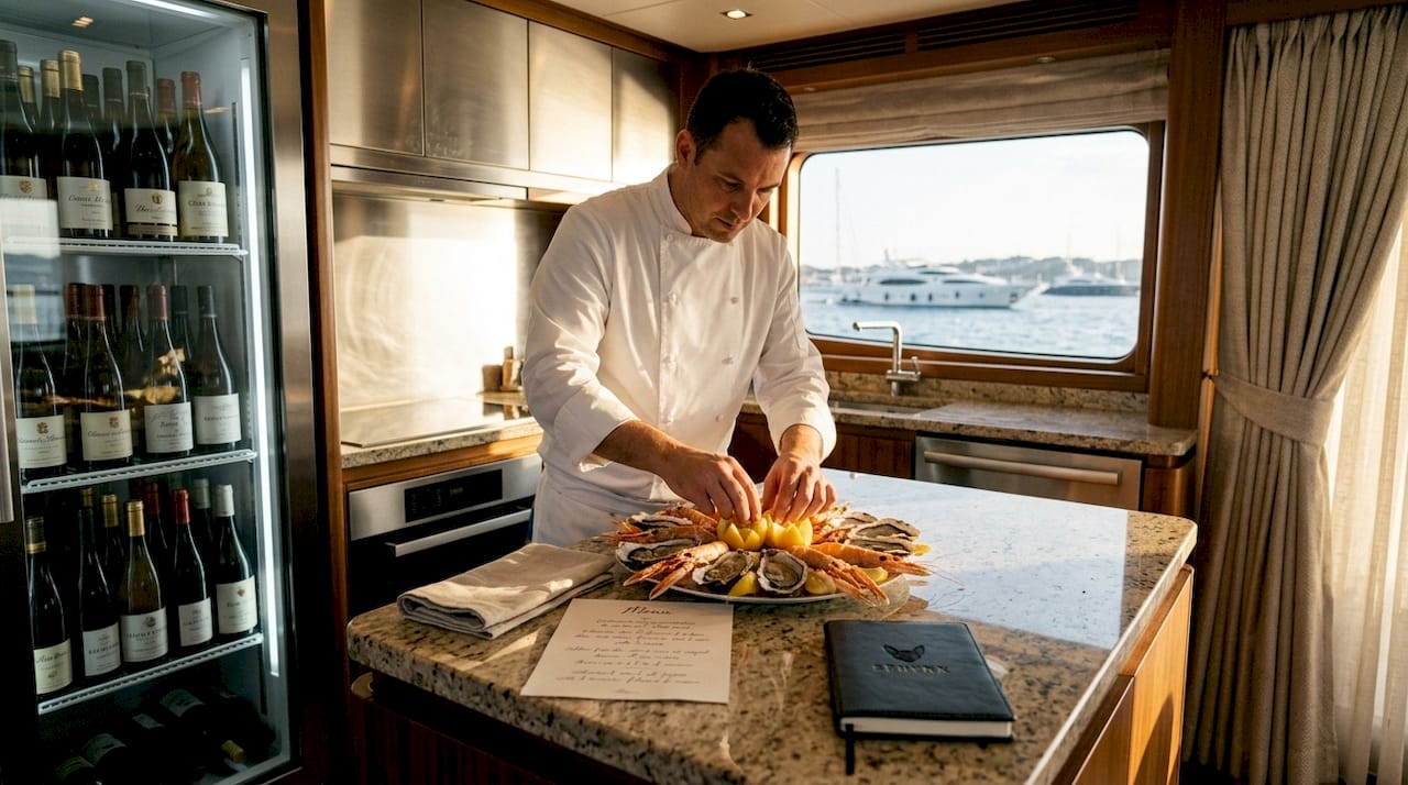 Chef prepares gourmet meal on charter yacht
