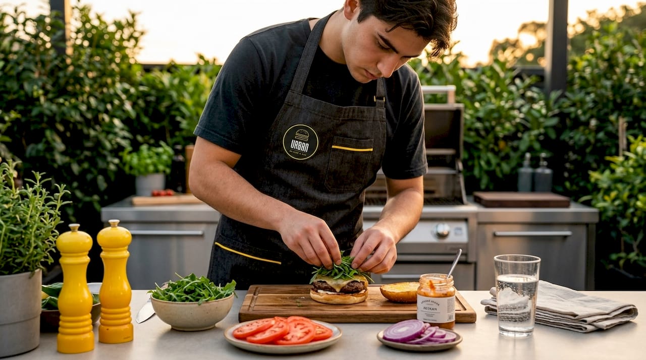 Cocinero elaborando una hamburguesa gourmet en la cocina