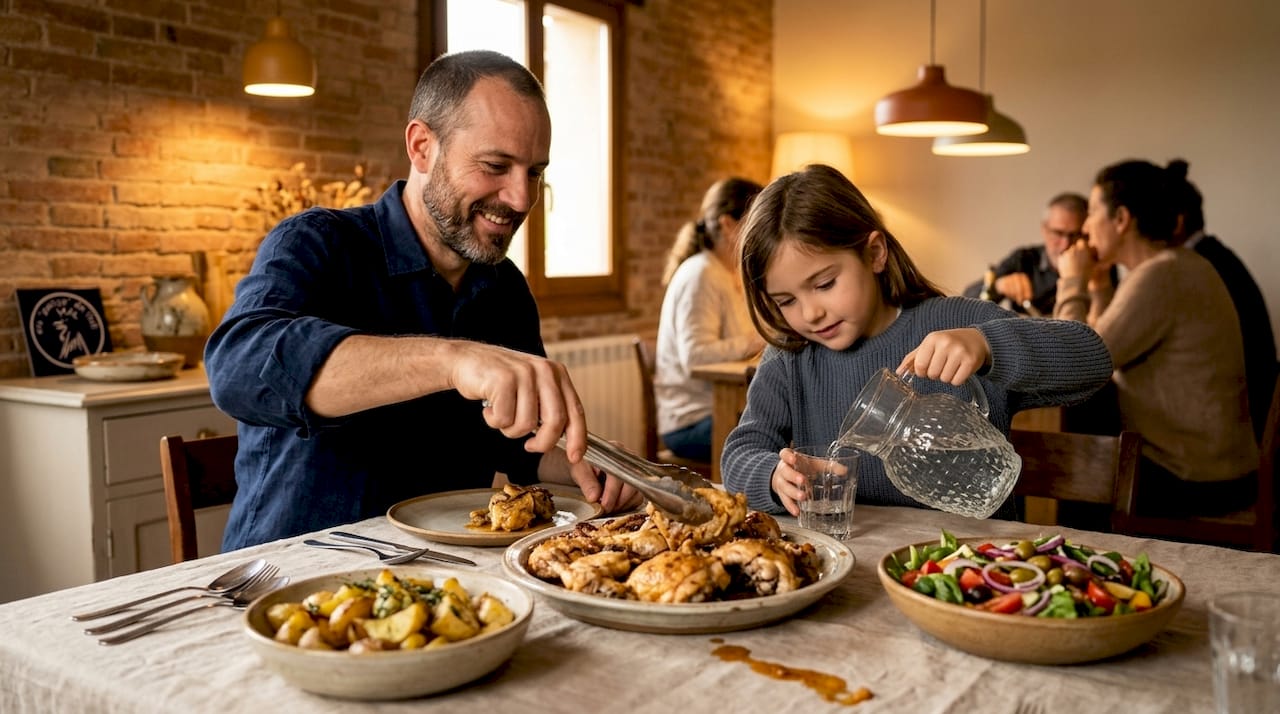 Una familia compartiendo un delicioso pollo asado acompañado de guarniciones.