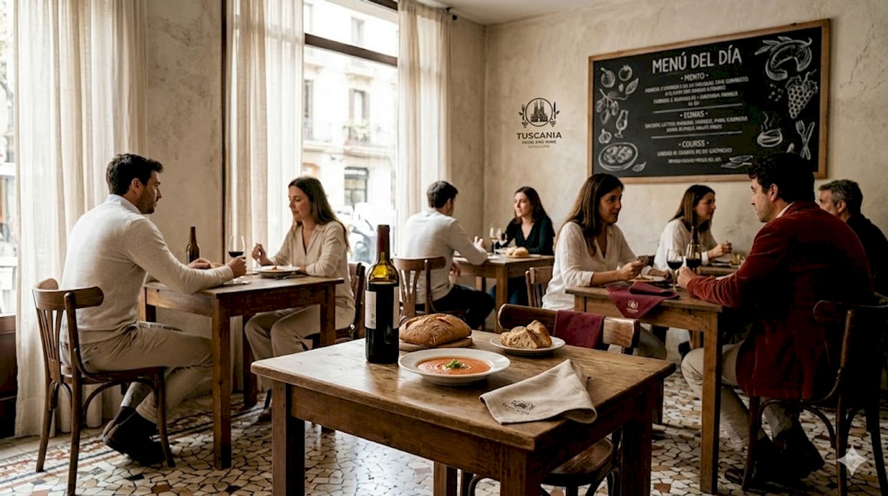 Clientes de una cafetería en Barcelona disfrutan del menú del día en un ambiente relajado.
