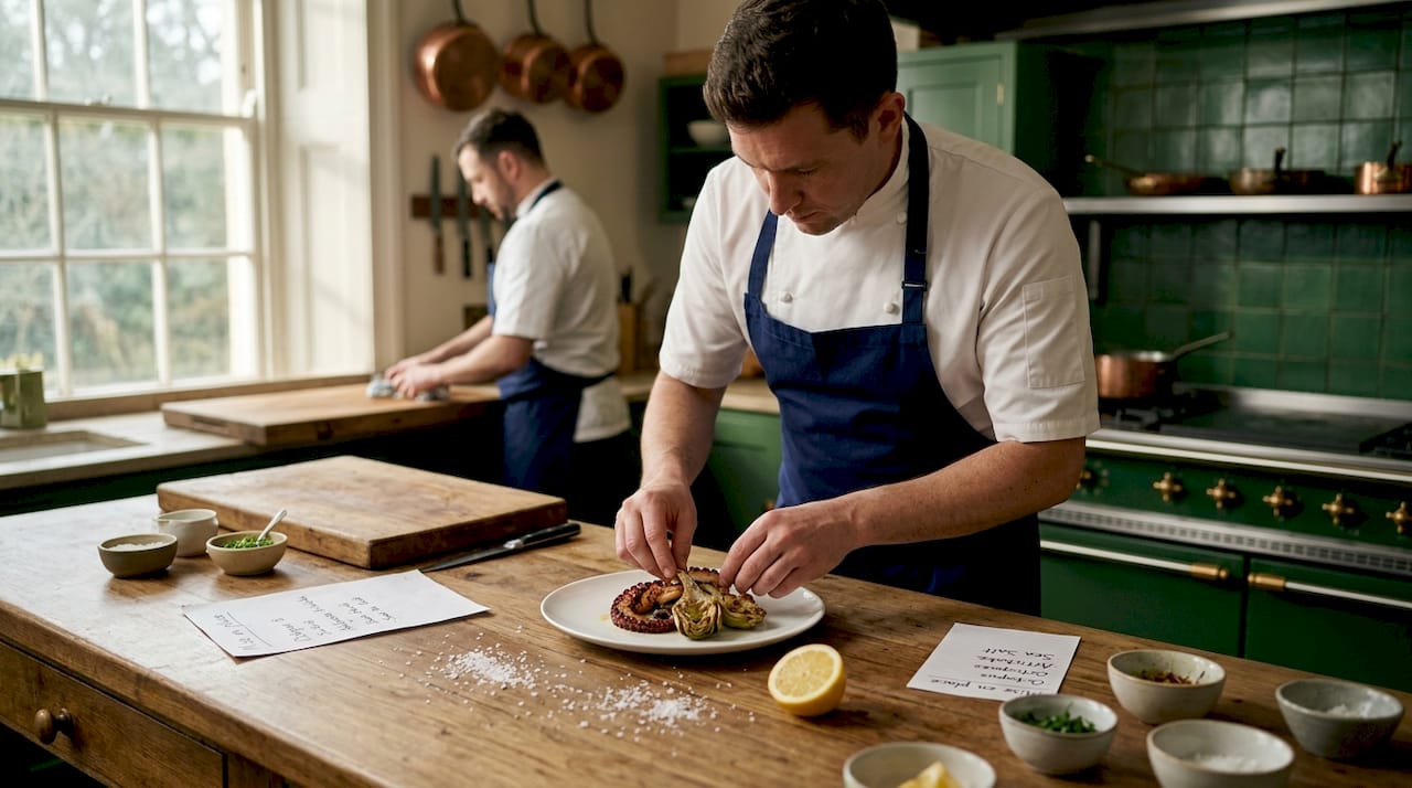 Chef plating Mediterranean seafood in restaurant kitchen