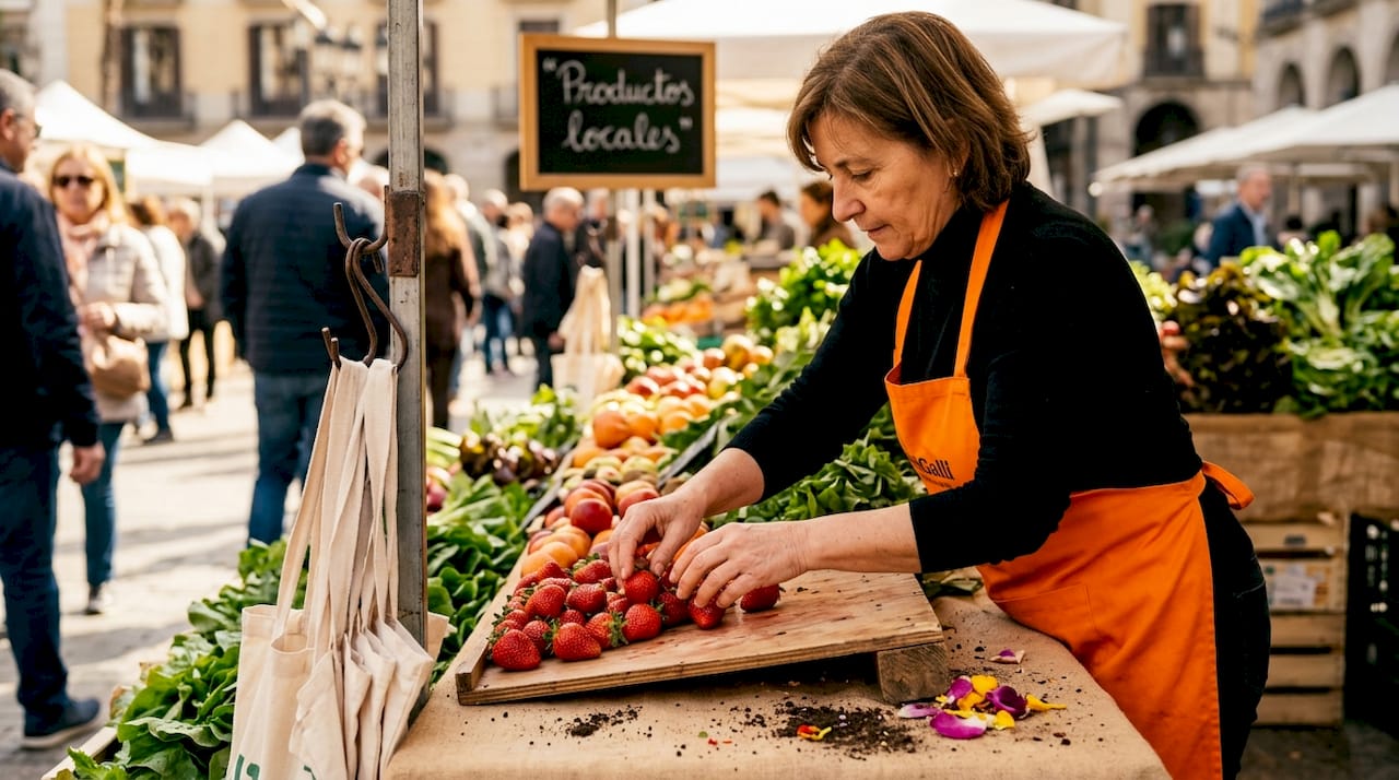 Vendor with local produce at Barcelona market
