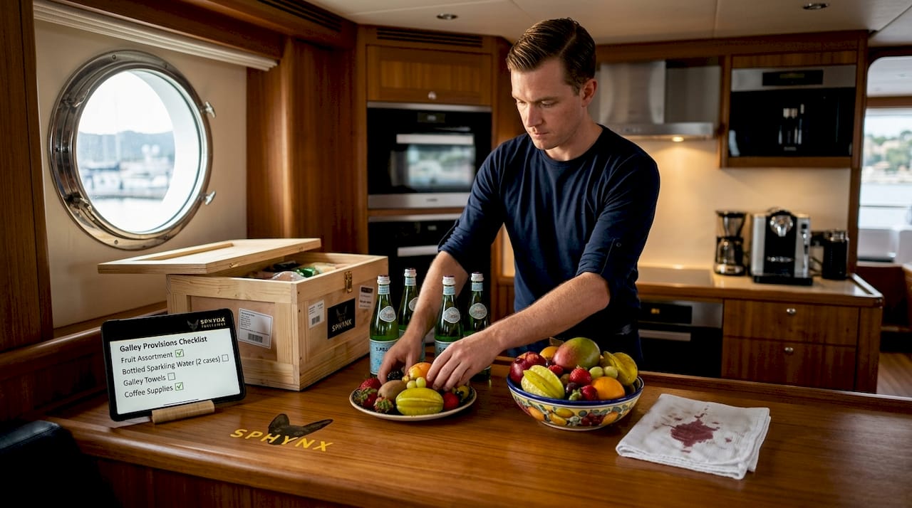 Yacht crew member organizing galley supplies