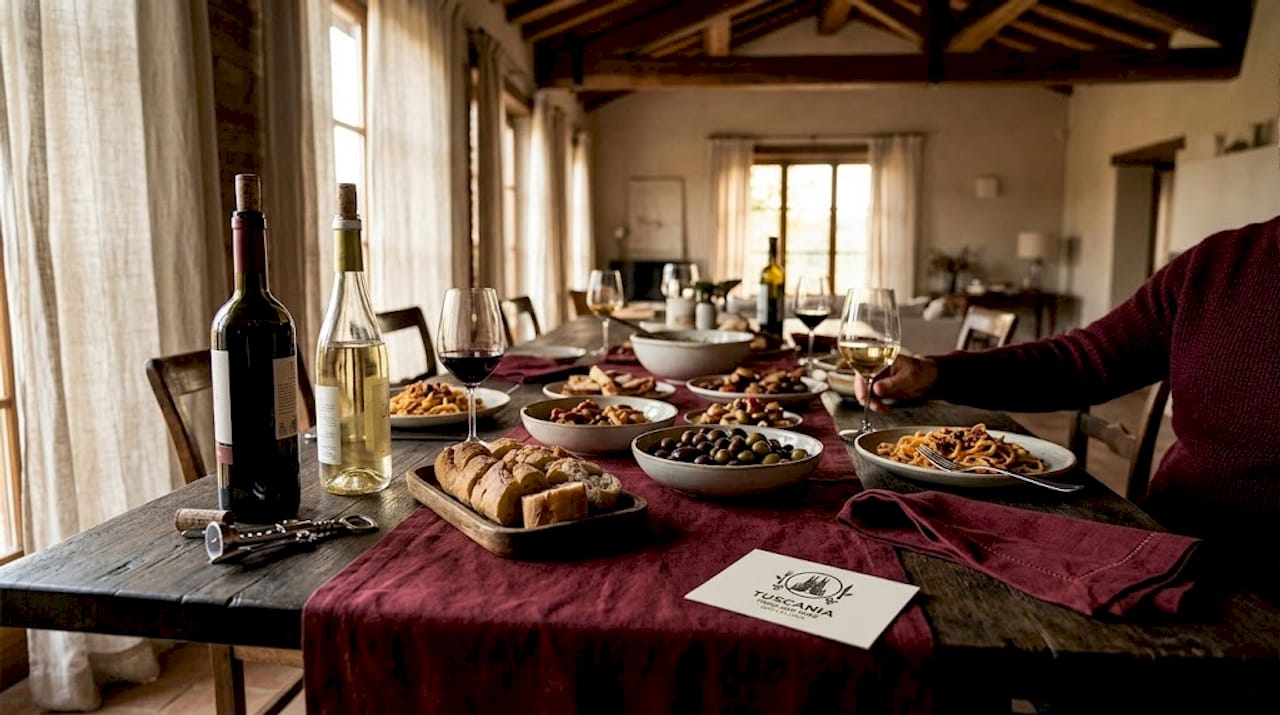 Vinos italianos y españoles servidos en una mesa rústica, perfectos para disfrutar de una buena cena entre amigos.