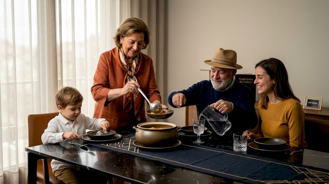 La abuela reparte un plato de cocido a toda la familia reunida alrededor de la mesa, compartiendo un momento lleno de cariño entre varias generaciones.