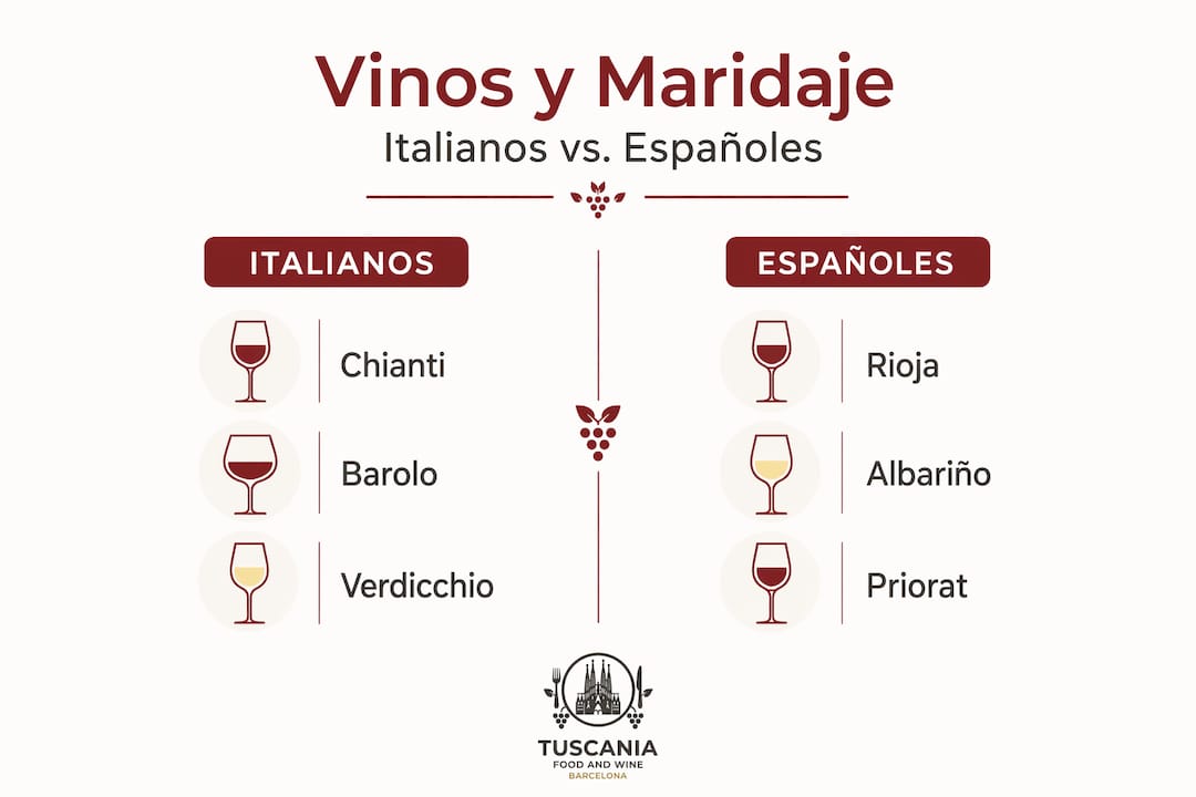 Infografía comparativa de vinos italianos y españoles para maridar tus comidas