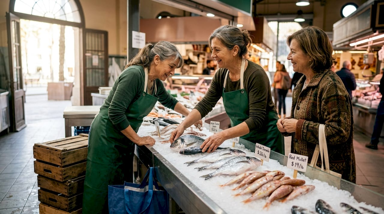 Fishmonger arranging fresh fish at Barcelona market